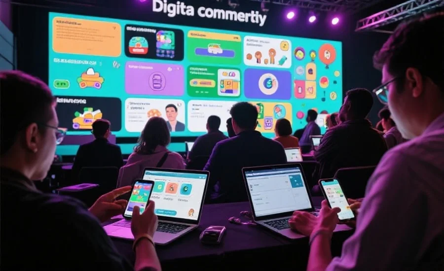 数字社区活动现场，用户正在通过笔记本电脑和移动设备积极参与互动，并在屏幕上显示各种游戏和讨论